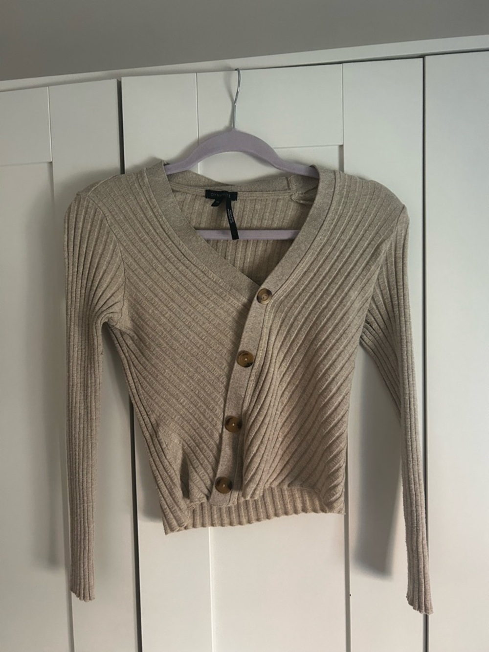 Dynamite Taupe Ribbed V-Neck Button Cardigan